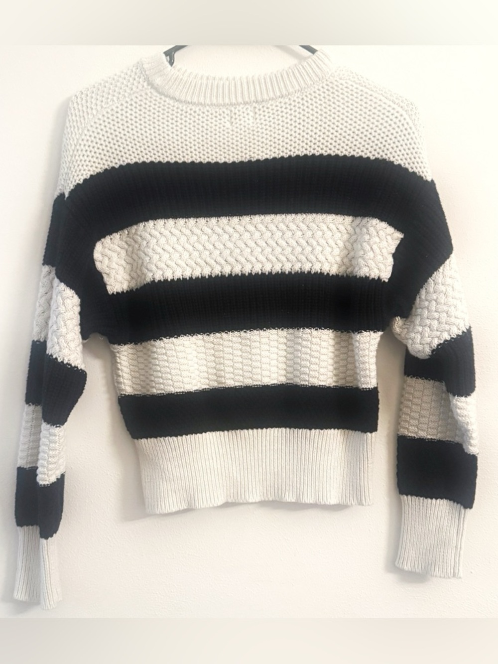 A New Day Striped Cropped Sweater XS Black White Knit Crewneck Pullover - Picture 3 of 7
